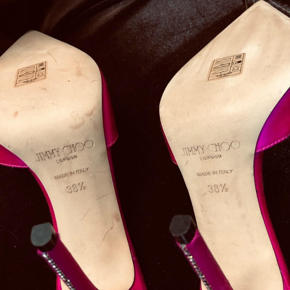 Jimmy Choo Fuchsia Satin Jeweled Slingback Mules - Picture 7 of 11
